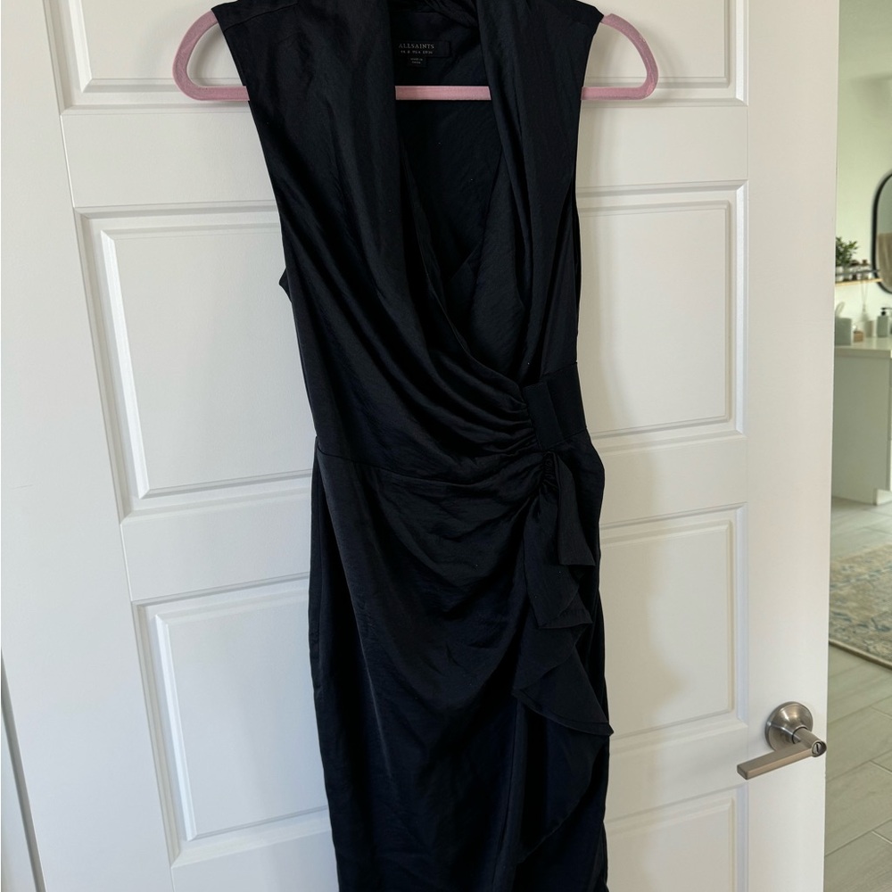 All Saints Ruched Cancity Draped Wrap Sleeveless Dress Navy Blue US 4 - Picture 5 of 8